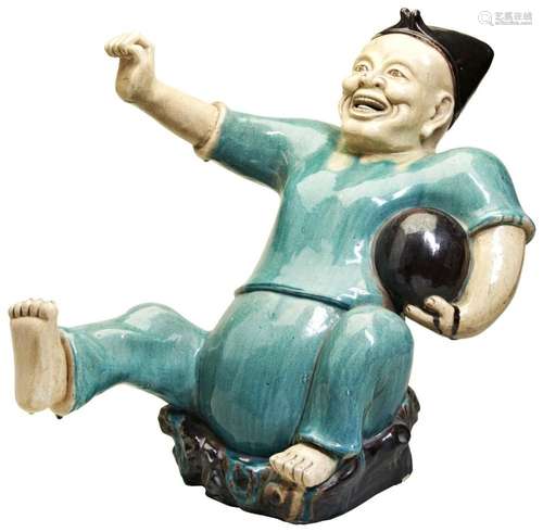 A LARGE CHINESE TURQUOISE-GLAZED \'SHIWAN\' POTTERY FIGURE Q...