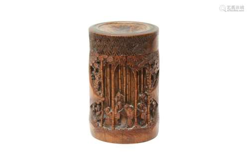 A CHINESE BAMBOO 'SEVEN SAGES' BRUSH POT AND COVER 清十九世紀...