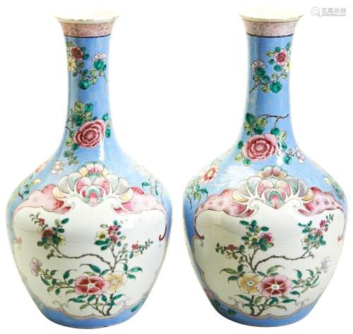 PAIR OF FAMILLE ROSE POWDER-BLUE GROUND VASES QING DYNASTY, ...