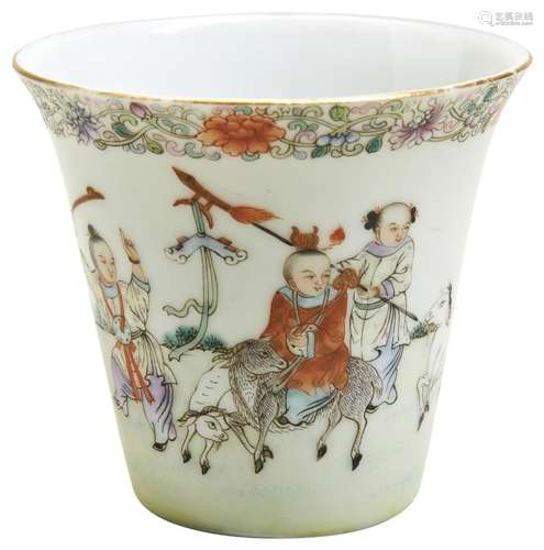 A FINE FAMILLE ROSE \'BOYS\' WINE CUP QING DYNASTY, 19TH CEN...