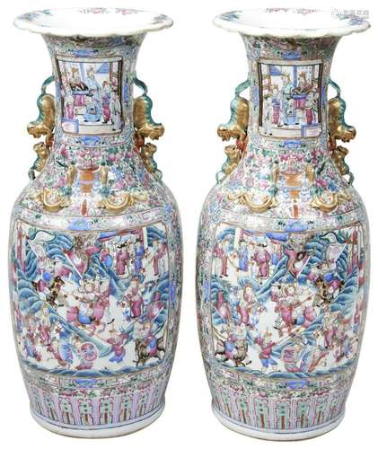 A MONUMENTAL PAIR OF FAMILLE ROSE CANTON VASES QING DYNASTY,...