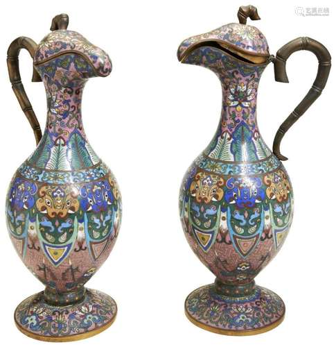 A PAIR OF CLOISONNE EWERS LATE QING DYNASTY the baluster sid...