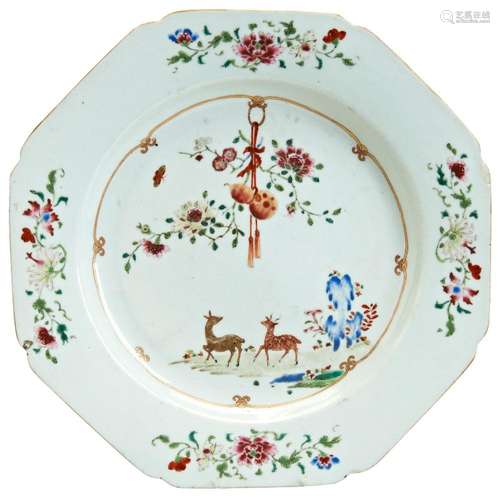 LARGE FAMILLE ROSE \'DEERS & PEACH\' OCTAGONAL DISH QIAN...