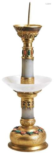 A CHINESE GILT-BRONZE, AGATE, CORAL AND MALACHITE  PRICKET C...