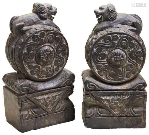 PAIR OF CARVED STONE GUARDIAN LION FIGURES  20TH CENTURY mod...