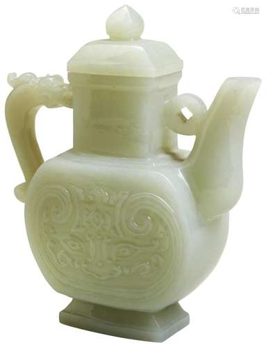 A JADE WINE POT 20TH CENTURY the flattened baluster sides ca...