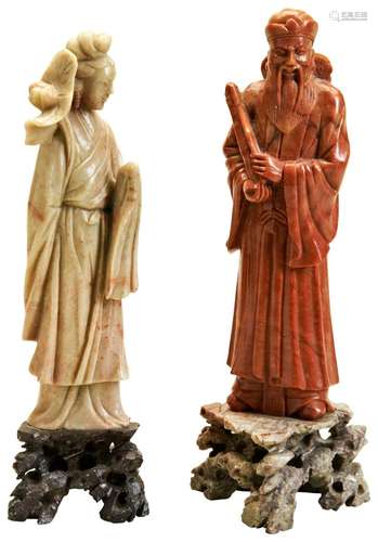 TWO CHINESE SOAPSTONE CARVED FIGURES 20TH CENTURY modelled a...