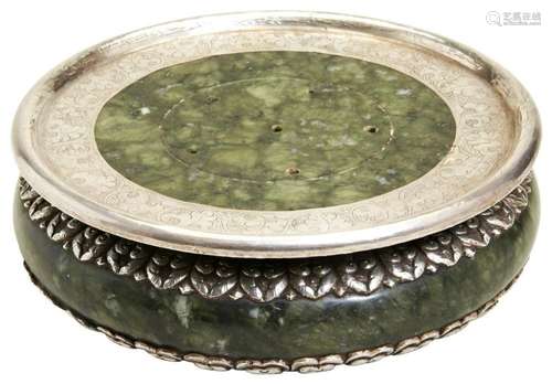 A SILVER MOUNTED SPINACH JADE CENSER AND COVER TIBET, LATE 1...