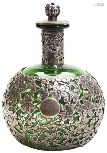 CHINESE EXPORT SILVER OVERLAID GREEN BOTTLE LUEN HING, SHANG...