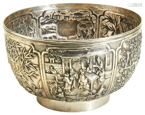 A LARGE CHINESE EXPORT SILVER BOWL WANG HING, LATE 19TH CENT...