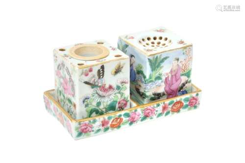 A CHINESE CANTON EXPORT FAMILLE-ROSE MATCHED WRITING SET 清十...