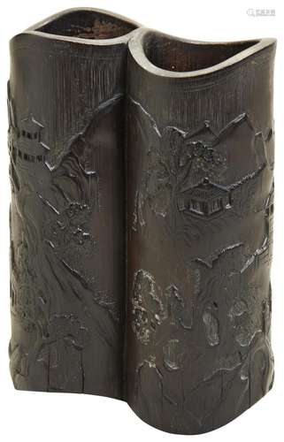 A GOOD CARVED BAMBOO CONJOINED DOUBLE-BRUSH POT QING DYNASTY...