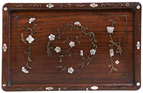 A SMALL HARDWOOD BRASS AND MOTHER-OF-PEARL INLAID TRAY QING ...