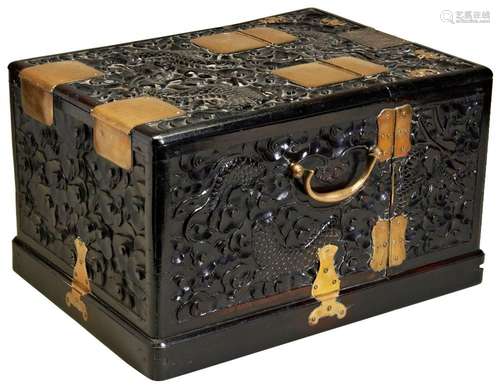 A CARVED HARDWOOD \'DRAGON\' DRESSING BOX QING DYNASTY, 19TH...