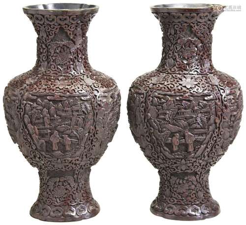 A PAIR CINNABAR LACQUER VASES QIANLONG SEAL MARKS, EARLY 19T...