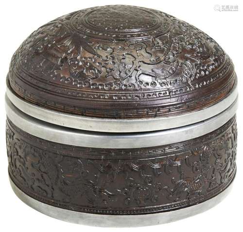 FINE CARVED COCONUT AND PEWTER MOUNTED BOX AND COVER LATE 19...