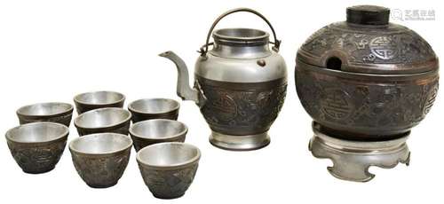 A CARVED COCONUT AND PEWTER TEA SET LATE QING DYNASTY compri...