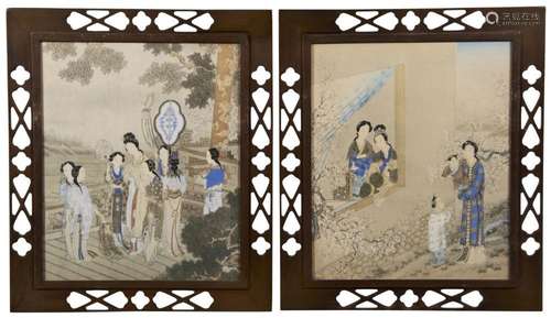 A PAIR OF PAINTINGS OF COURT LADIES, UNKNOWN ARTIST, QING DY...