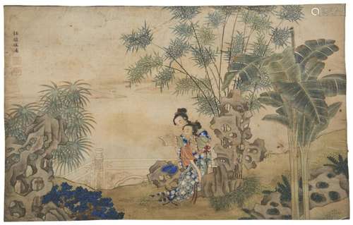 WANG PU PAINTING OF COURT LADIES READING IN THE GARDEN JIAQI...