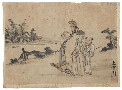 SHANGGUAN ZHOU (1665-1752) AN INK PAINTING OF SCHOLAR WITH S...