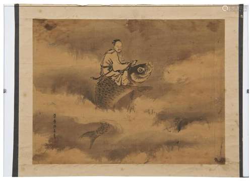 A SMALL SILK PAINTING FRAGMENT OF DAOIST IMMORTAL ON CARP FL...