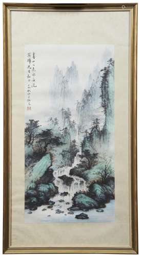 YU QIUSHUI (B.1924) \'MOUNTAIN LANDSCAPE\' ink and colour on...