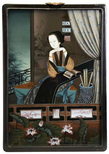 PAIR OF CHINESE REVERSE PAINTINGS ON GLASS 20TH CENTURY each...