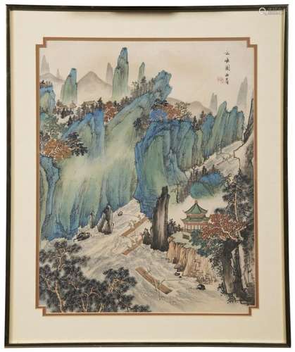 XI QUAN (20TH CENTURY) A WATERCOLOUR LANDSCAPE PAINTING OF S...