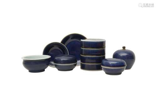 A GROUP OF CHINESE BLUE-GLAZED WARES 清十九世紀 藍釉瓷器一組