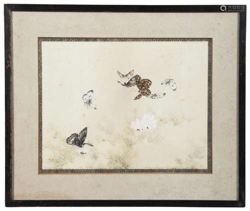 PAIR OF CHINESE SCHOOL SILK PAINTINGS OF BUTTERFLIES QING DY...