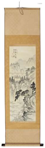 A HANGING SCROLL OF A LANDSCAPE PAINTING OF WATERFALL AND PI...