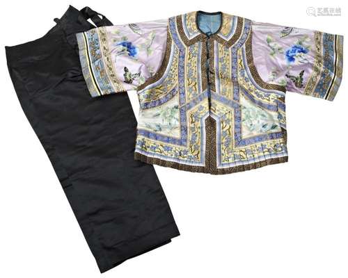 A CHINESE LILAC SILK EMBROIDERED JACKET LATE QING DYNASTY wi...