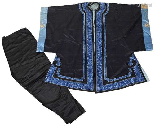 A MIDNIGHT-BLUE EMBROIDERED SILK ROBE LATE QING DYNASTY toge...