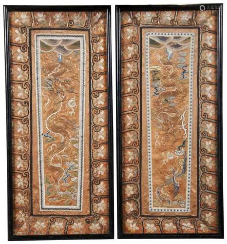 PAIR OF SILK AND EMBROIDERED \'DRAGON AND PHOENIX\' PANELS Q...