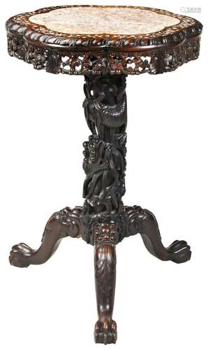 A CHINESE CARVED HARDWOOD AND MOTHER OF PEARL INLAID TRIPOD ...