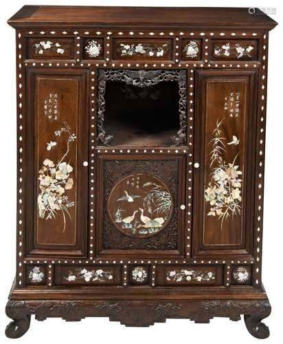 FINE HARDWOOD AND MOTHER OF PEARL INLAID SIDE CABINET QING D...