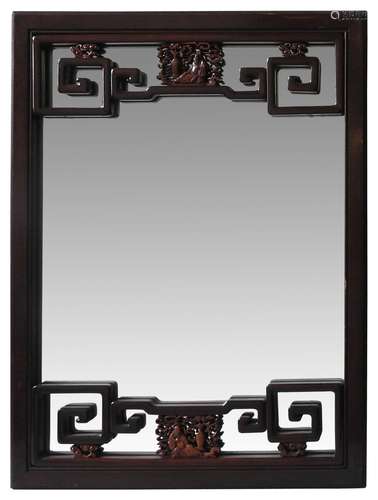 A CARVED HARDWOOD MIRROR LATE QING DYNASTY the rectangular p...