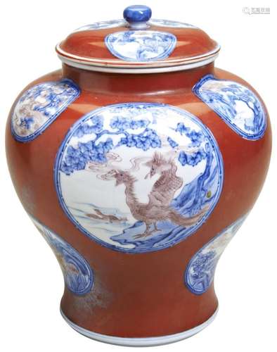 FINE JAPANESE CORAL-RED AND UNDERGLAZE BLUE COVERED JAR ALMO...