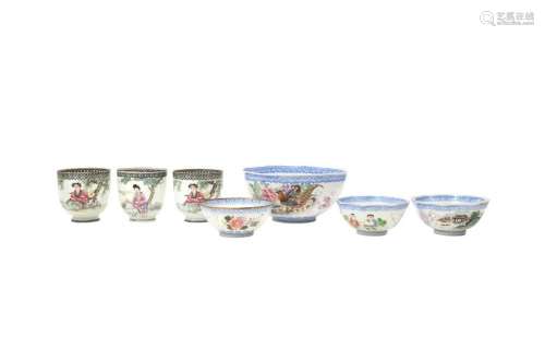 A GROUP OF THREE CHINESE EGGSHELL PORCELAIN CUPS AND FOUR BO...
