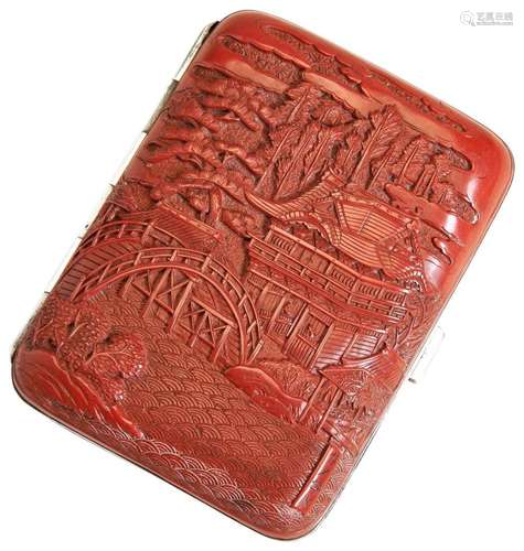 A FINE JAPANESE TSUISHU (RED-LACQUER) CIGARETTE CASE, SIGNED...