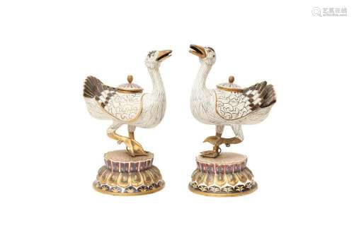 A PAIR OF CHINESE CLOISONNÉ 'DUCK' INCENSE BURNERS AND COVER...