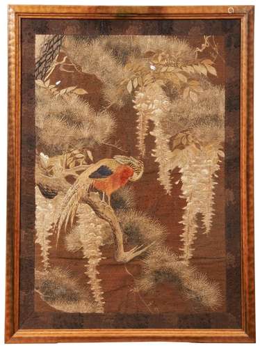 A FINE JAPANESE EMBROIDERED SILK PICTURE OF A PARROT  MEIJI ...