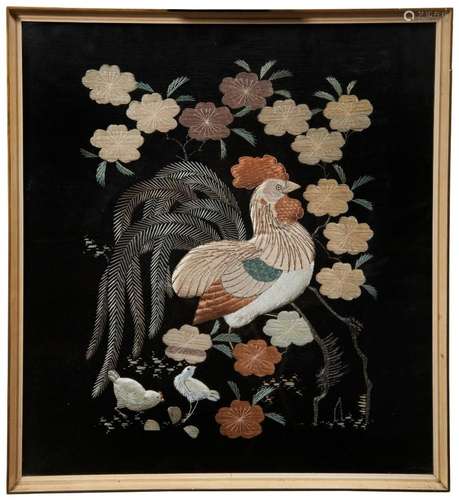 A JAPANESE SILK EMBROIDERED PANEL OF A COCKEREL TAISHO / SHO...