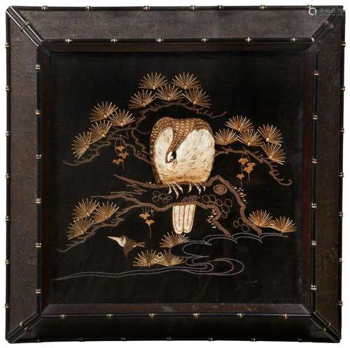 A JAPANESE EMBROIDERED SILK PICTURE OF AN EAGLE MEIJI PERIOD...