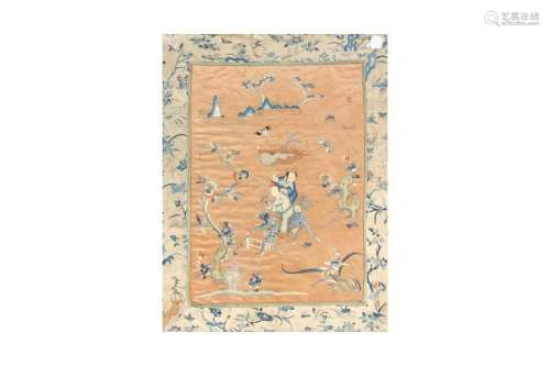 A CHINESE SILK EMBROIDERED 'BOYS AND QILIN' PANEL 十九世紀 童...