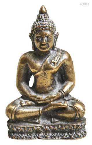 MINIATURE GILT-BRONZE BUDDHA 20TH CENTURY shown seated in dh...