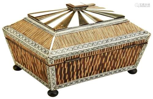 AN ANGLO-INDIAN PORCUPINE QUILL, IVORY AND HORN BOX 19TH CEN...