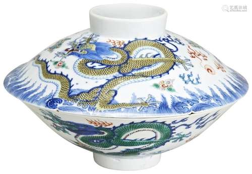 A CHINESE IMPERIAL PORCELAIN DOUCAI DRAGON BOWL AND COVER YO...