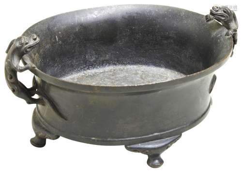 A SMALL OVAL BRONZE CENSER WITH CHILONG HANDLES MING DYNASTY...