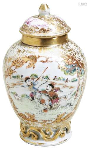 FINE CHINESE EXPORT FAMILLE ROSE TEA CADDY AND COVER QIANLON...